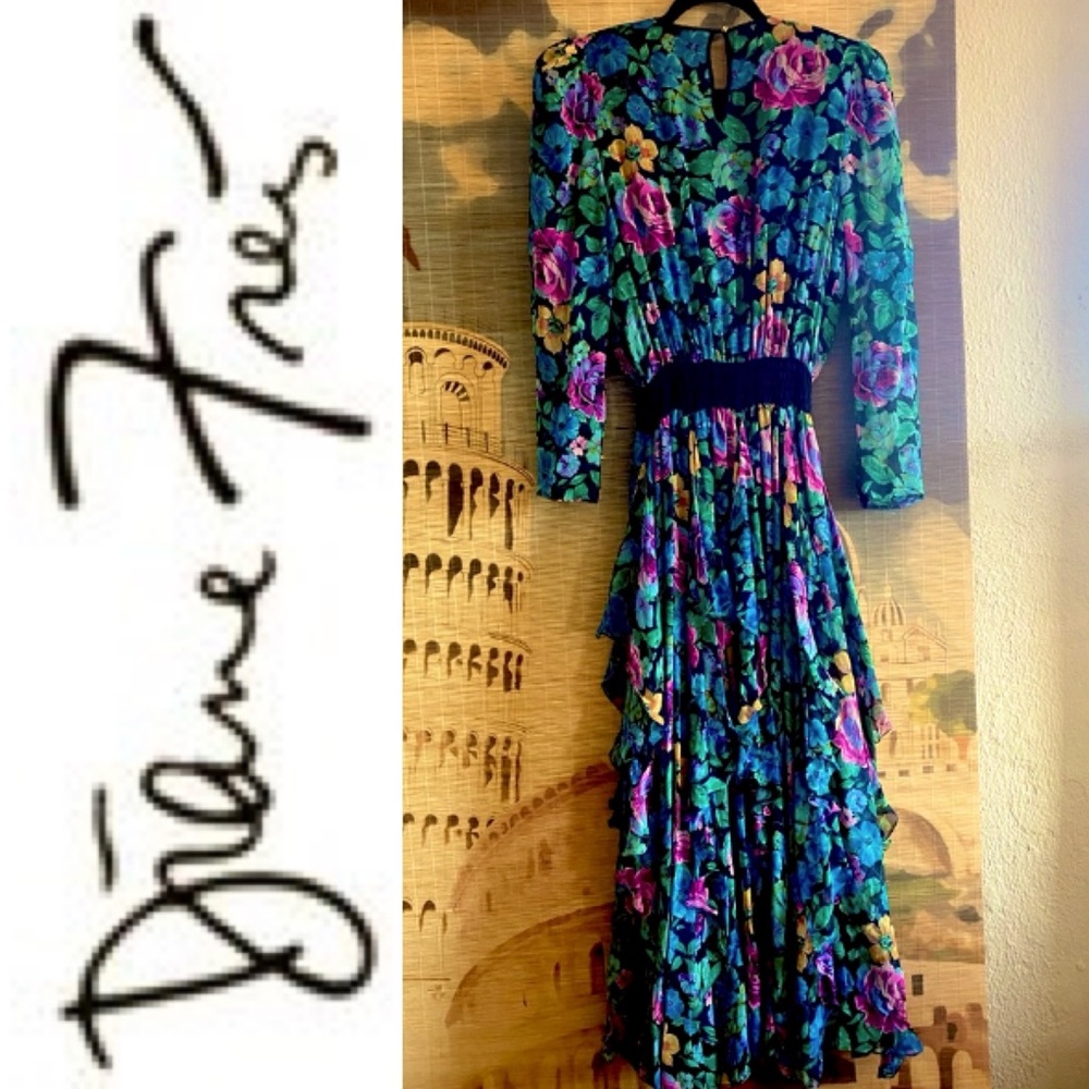 Diane Freis Limited Edition Beaded Floral 100% Silk Dress 1980s Vintage